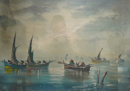 Emil Bott, oil on canvas, Fishing boats on a calm sea, initialled, 49 x 68cm. Condition - rip to the canvas upper right corner